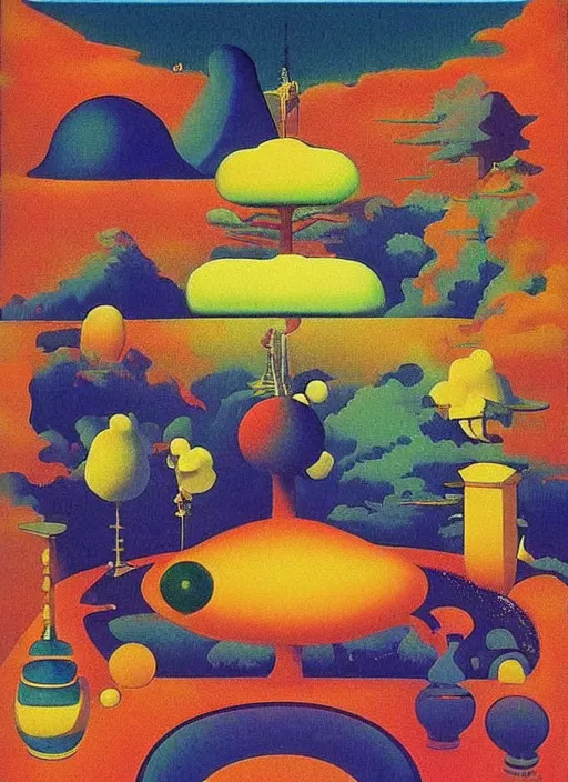 Image similar to Japan travel and tourism c2050, surrealist psychedelic painting in the style of Oxygene, Magritte, Roger Dean, Yoshio Awazu, vivid color