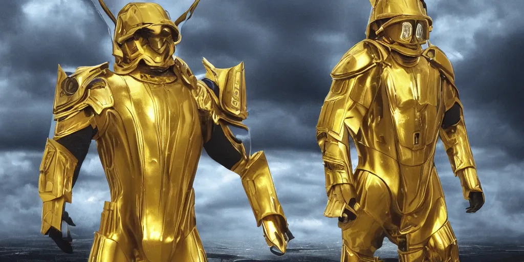 Image similar to zeus in his golden scifi armor ready for a battle, stormy sky,