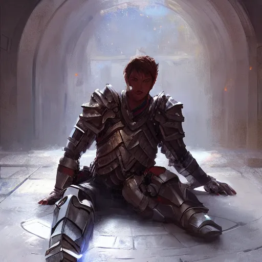 Image similar to 'A human male paladin in chainmail is resting on 1 knee, art by Greg Rutkowski, 4k'