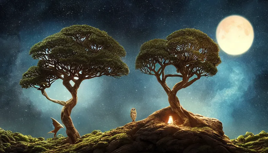 Image similar to very very small owl, sitting on a gigantic dragon tree in moonlit socotra island by ilya kuvshinov, starry night, rtx rendering, octane render 1 2 8 k, maya, extreme high intricate details by tom bagshaw, medium shot, close up shot, composition by sana takeda, lighting by greg rutkowski