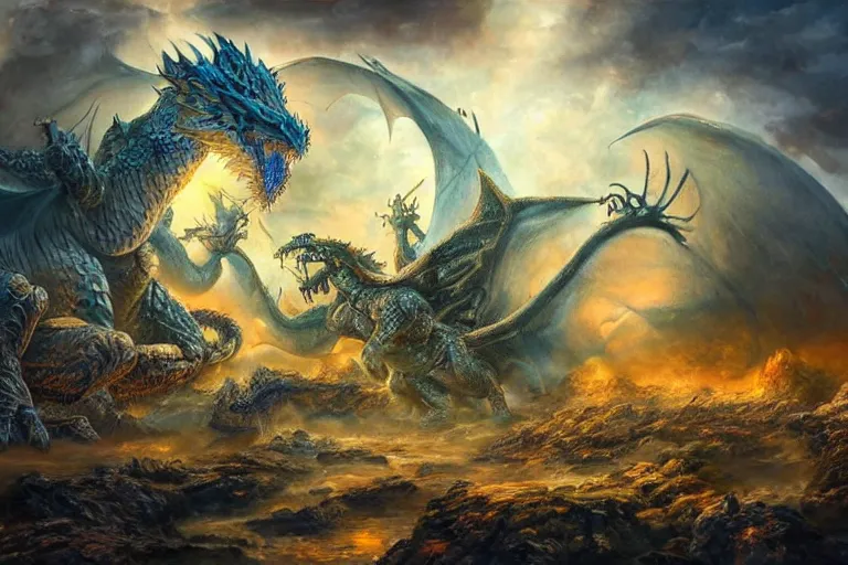 Prompt: ultra realist soft painting of an epic army facing a gigantic dragon, very intricate details, golden ratio, volumetric rainbow lighting, reflections, refractions, symmetry accurate anatomy features, fantasy war scene background, unreal render, Boris Vallejo artstyle