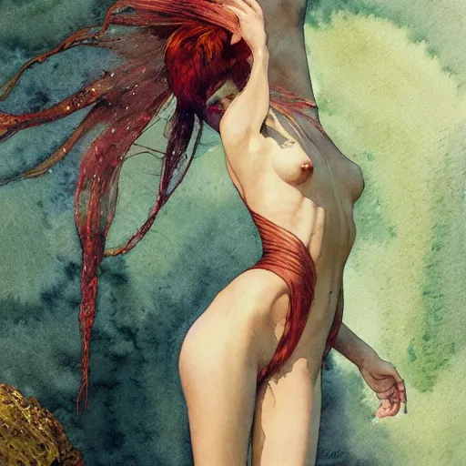 Image similar to watercolor painting of a female figure body, no blur, 4 k resolution, ultra detailed, style of carlos schwabe, dariusz zawadzki, tom bagshaw, tom bagshaw, ismail inceoglu, robert mccall