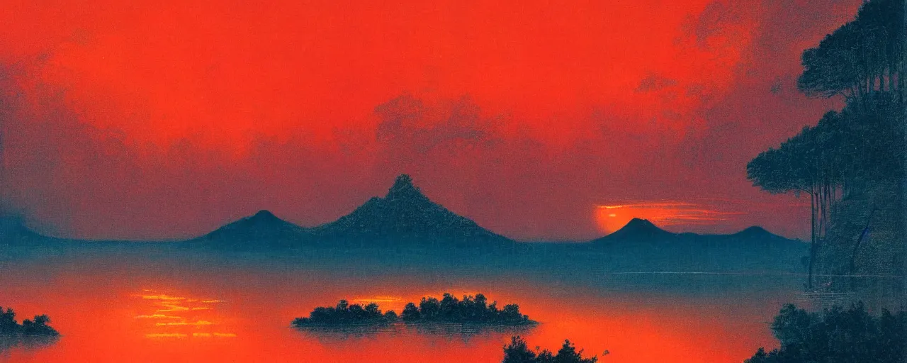 Image similar to awe inspiring bruce pennington landscape, orange sky, red cyan forest digital art painting of 1 9 6 0 s, japan at night, 4 k, 8 k, hyperdetailed, minimalist