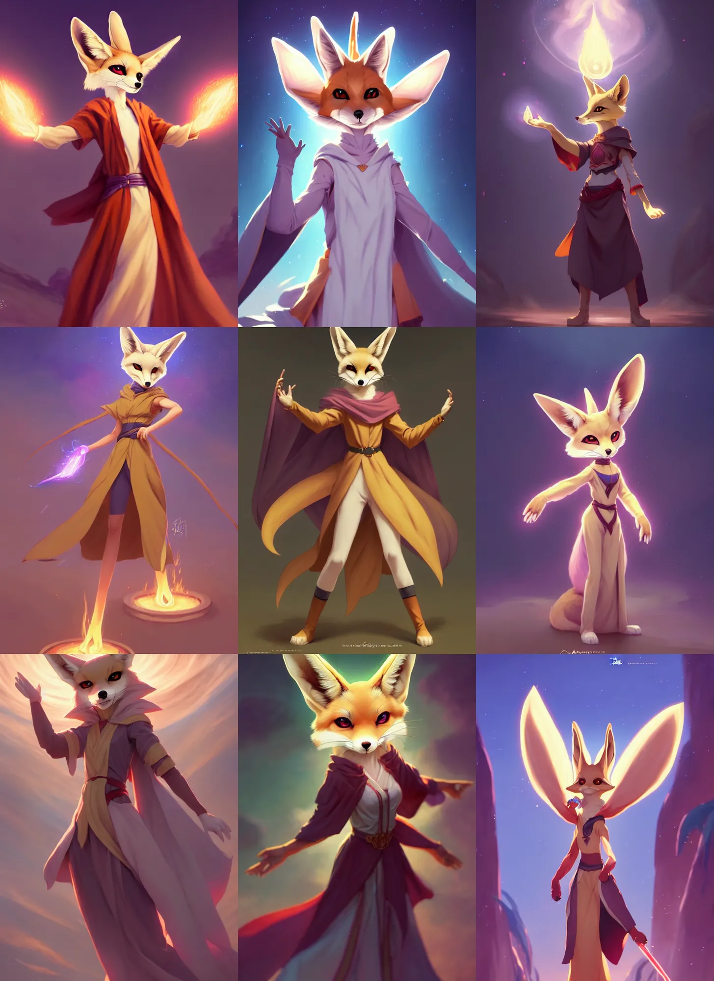 Prompt: wide angle beautiful full body portrait of a strong female anthropomorphic anthro fennec fursona wearing sorcerer robes casting a healing spell. character design by disney, anime, manga, charlie bowater, ross tran, artgerm, and makoto shinkai, detailed, soft lighting, rendered in octane