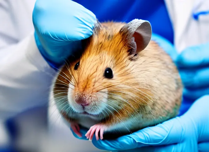 Image similar to film still of a hamster working in a research lab finding the cure for cancer, 8 k