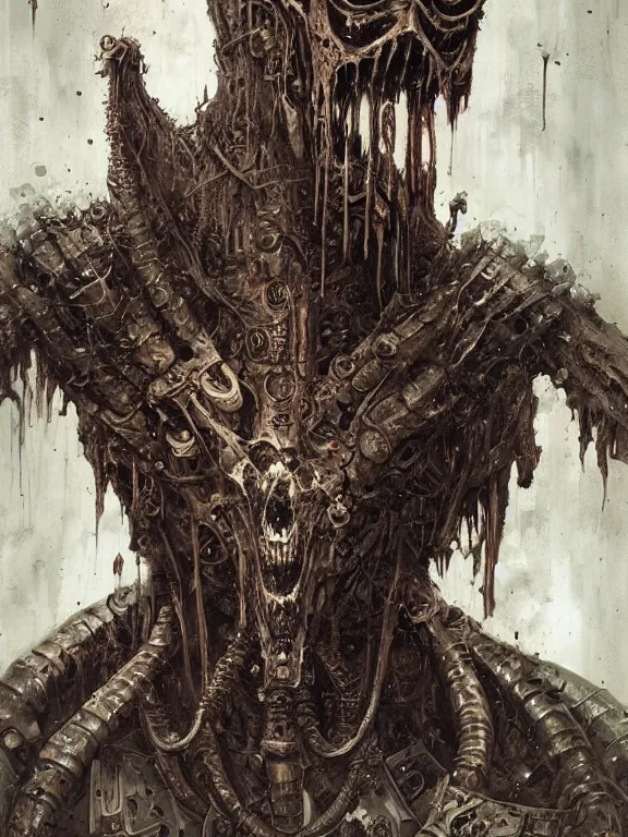 Image similar to art portrait of a chaos space marine, decaying eldritch horror, giger,8k,by tristan eaton,Stanley Artgermm,Tom Bagshaw,Greg Rutkowski,Carne Griffiths, Ayami Kojima, Beksinski, Giger,trending on DeviantArt,face enhance,hyper detailed,minimalist,cybernetic, android, blade runner,full of colour,