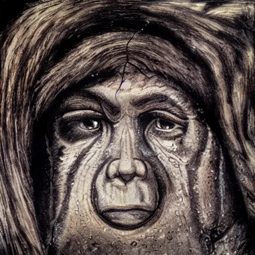 Prompt: portrait of a neanderthal trapped beneath the ancient ice