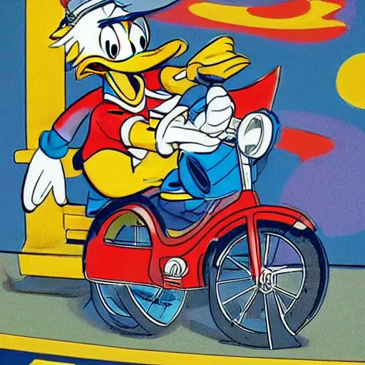 Image similar to donald duck riding a bike, in style of don rosa