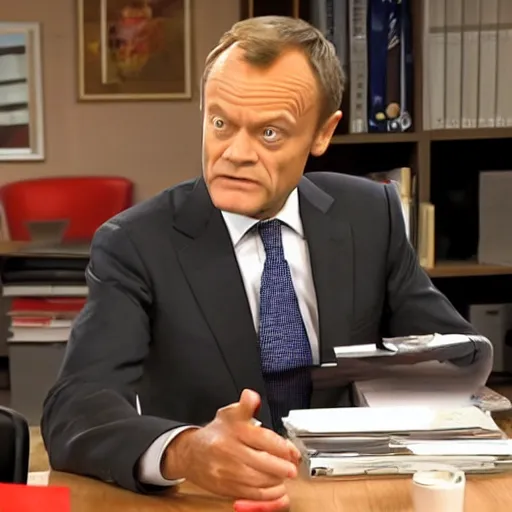 Prompt: Donald Tusk in a still from the american sitcom The Office
