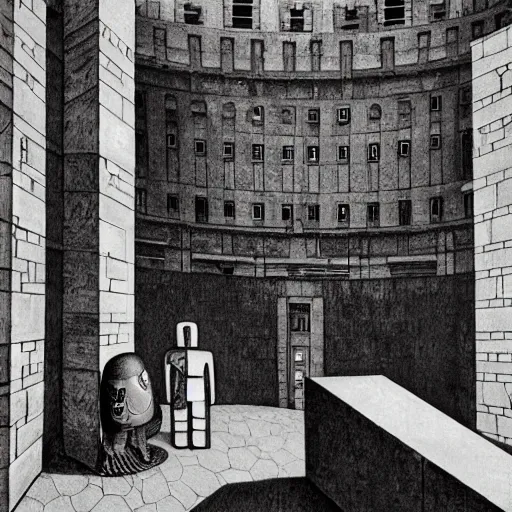 Image similar to weeping robot surrounded by cloaked disciples in masks, brutalist courtyard, colosseum interior, by PJ Crook and Edward Hopper