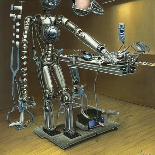 Prompt: a robot with a creepy smile laying on a surgeon's table performing an operation on itself, metal, intricate, by h. r. giger