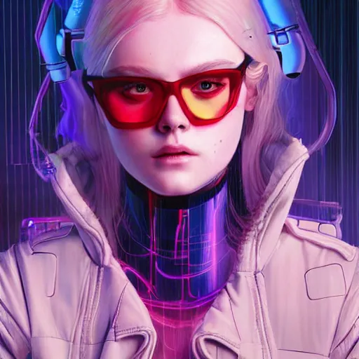 Image similar to a striking hyper real illustration of cyberpunk Elle Fanning by Josan Gonzalez