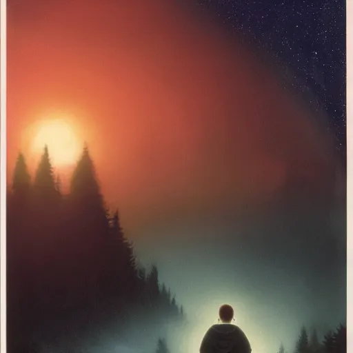 Prompt: stand by me, movie still, river phoenix looking at a ufo, night time forest with a ufo sitting in the fog, scary, matte detailed photo, DeviantArt, Artstation, by donato giancola, ralph horley, loish, ufo lighting