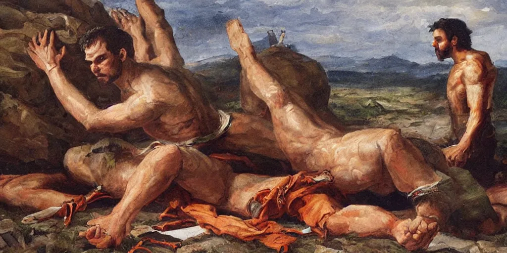 Image similar to high quality high detail painting, david next to giant goliath dead body on the floor