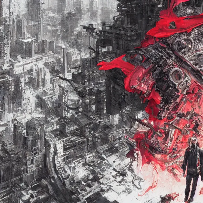 Image similar to tetsuo observing the ruins of neo - tokyo, red cape, akira | anime, matte painting, dystopian megacity neo - tokyo akira, shaded perfect, fine details. realistic shaded lighting anime manga artwork by katsuhiro otomo, akira, artgerm, jeremy lipkin and michael garmash and rob rey