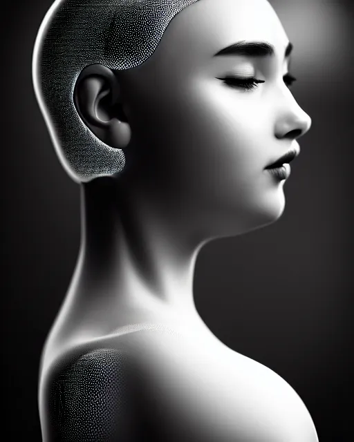 Image similar to black and white dreamy young beautiful female artificial intelligence, cyborg, cinematic, rim light, bokeh, photo - realistic, elegant, high detail, 8 k, masterpiece, photo taken in 1 9 3 0