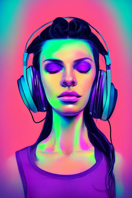 Image similar to a award winning half body portrait of a beautiful woman with stunning eyes in a croptop and cargo pants with ombre purple pink teal hairstyle listenin to music with headphones on her ears by thomas danthony, surrounded by whirling illuminated lines, outrun, vaporware, shaded flat illustration, digital art, trending on artstation, highly detailed, fine detail, intricate