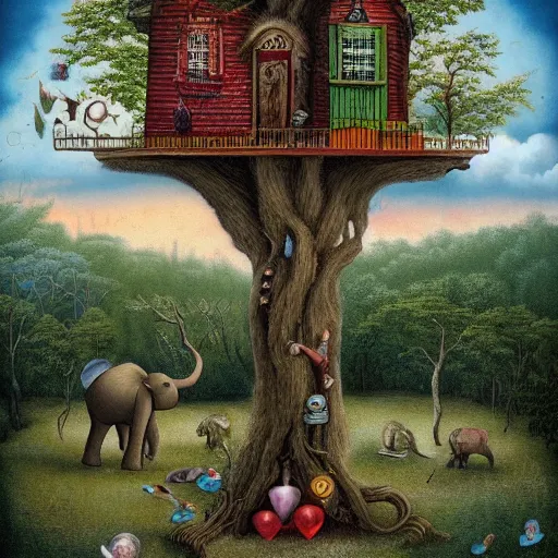 Image similar to tree house and small elephants, lowbrow surrealistic, in the style of Mark Ryden,