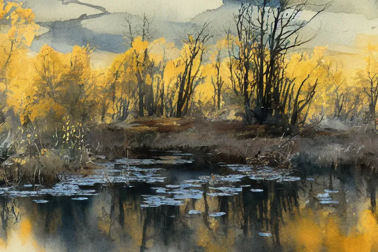 Image similar to small centered on watercolor paper, paint brush strokes, abstract watercolor painting of diamond night at swedish bog, spring and autumn, sharp daylight, cinematic light, american romanticism by hans dahl, by jesper ejsing, by anders zorn, by greg rutkowski, by greg manchess, by tyler edlin