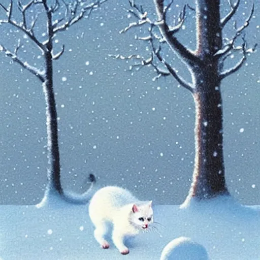 Prompt: a cute little white cat in winter wonderland, artwork of quint buchholz