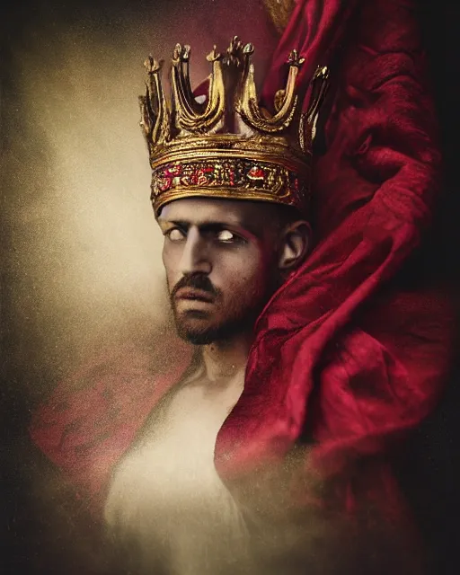 Image similar to 'Portrait of Crowned King Arthur' by Lee Jeffries royally decorated, whirling plasma, atmospheric motes, red and gold Sumptuous garb, gilt silk fabric, radiant colors, fantasy, perfect lighting, studio lit, micro details,