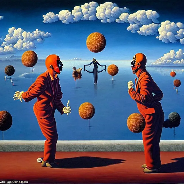 Image similar to an oil on canvas painting of a clowns having an argument over the meaning of life, surrealism, surrealist, cosmic horror, rob gonsalves, high detail