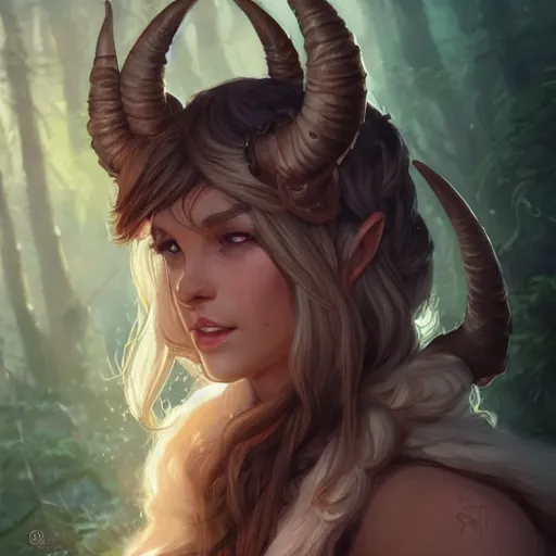 Image similar to cute Whimsical Tiefling Druid with cute horns , light-brown skin, D&D, fantasy, portrait, highly detailed, digital painting, artstation, concept art, sharp focus, illustration, art by artgerm and greg rutkowski and magali villeneuve