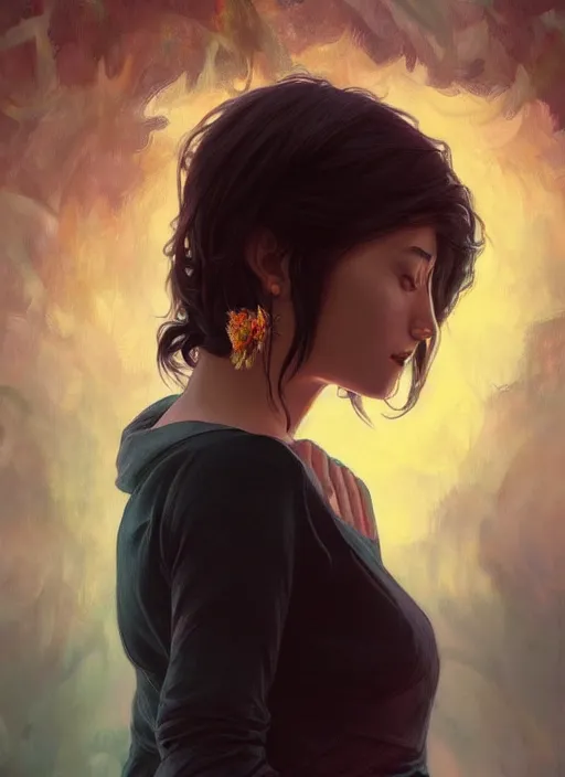 Prompt: handsome young women with shoulder length black hair, half body shot, path traced, highly detailed, high quality, digital painting, alena aenami, lilia alvarado, shinji aramaki, karol bak, alphonse mucha, tom bagshaw