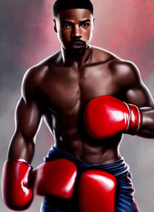 Prompt: Full Scene of shirtless Micheal B Jordan with red boxing gloves, He is punching captain america in the face, Captain America is Chris Evans, realistic, detailed, 4k by Greg Rutkowski Mark Arian trending on artstation
