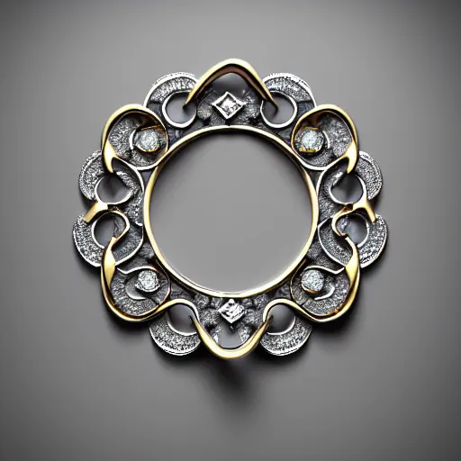 Image similar to intricate!! nordic ring and necklace and ear, silver and gold and diamond, isolated on a dreamy background. flowers in the background, refraction, occlusion, filigree, lower and upper levels, keyshot render, octane render, vray render