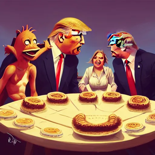 Prompt: donald trump eating pie contest, ben hur, loftis, cory behance hd by jesper ejsing, by rhads, makoto shinkai and lois van baarle, ilya kuvshinov, rossdraws global illumination