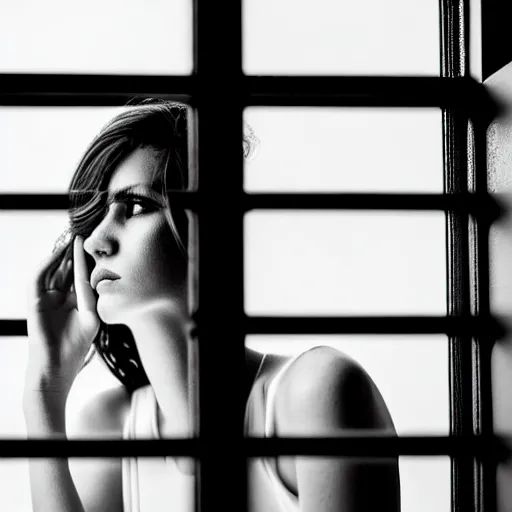 Image similar to black and white fashion photography of a beautiful depressed Woman with detailed face in the heroine chique style standing by the window, natural light, sigma 85mm f/1.4 1/10 sec shutter
