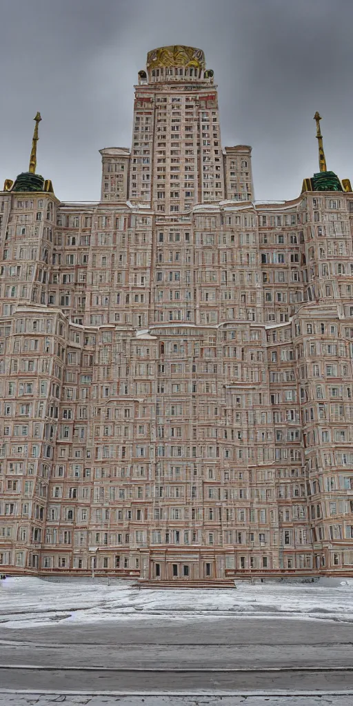 Prompt: The palace of Russian cosmos cultists, monumental soviet building, stalinist ampir architecture breaking through the clouds, warm, 40-s style, breathtaking, down to up view, painting