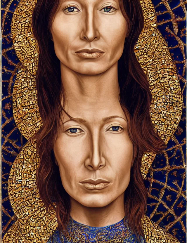 Prompt: a portrait of tori amos as a byzantine saint by alex grey