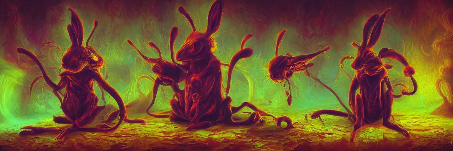 Image similar to strange alien bunny creatures from the depths of the collective unconscious, dramatic lighting, surreal darkly colorful painting by ronny khalil