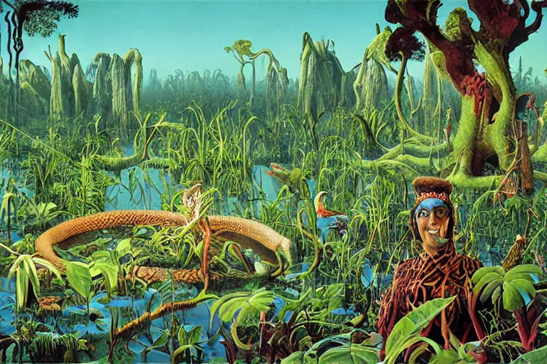 Image similar to Snake oil salesman searching the swamps of Formosa, painting by Roger Dean, painting by Naomi Okubo