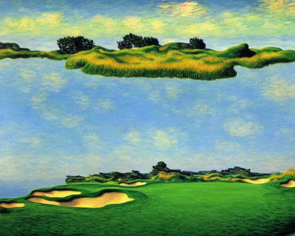 Image similar to achingly beautiful painting of bandon dunes golf course by rene magritte, monet, and turner.