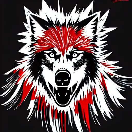 Prompt: vector illustration of a cyber wolf with a mohawk graffiti, red and black, punk, spray smudge, masterpiece, banksy