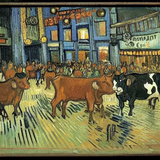 Prompt: cows trying to get into The Steakhouse inside Circus Circus casino at 3AM during a riot, surreal, ultra detailed, by vincent van gogh in 1890
