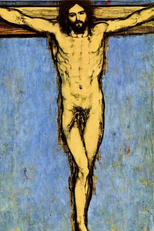 Image similar to jesus christ crucified painted by cy twombly and andy warhol