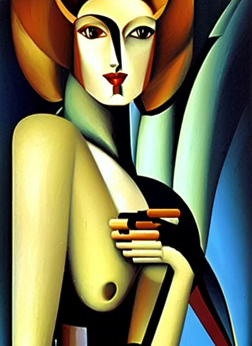 Prompt: image of beautyful female android steampunk by tamara de lempicka,