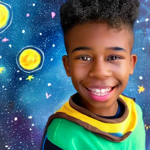 Image similar to A beautiful children's drawing of a young happy strikingly cute playful black boy that is an aspiring astronaut, he is also wearing a painted cardboard box on his head and wearing a cape on his back and playing with a toy shuttle in his playroom, symmetrical facial features, perfect facial proportions, galaxy color scheme, beautiful, 8k, HD, octane, unreal engine, volumetric lightning, upright,