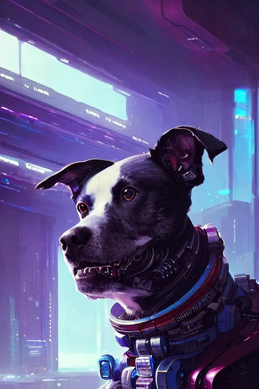 Prompt: a beautiful portrait of a cute cyberpunk dog with blue tinted view of space in the background by greg rutkowski and wlop, digital art, highly detailed, fine detail, intricate, ornate, complex