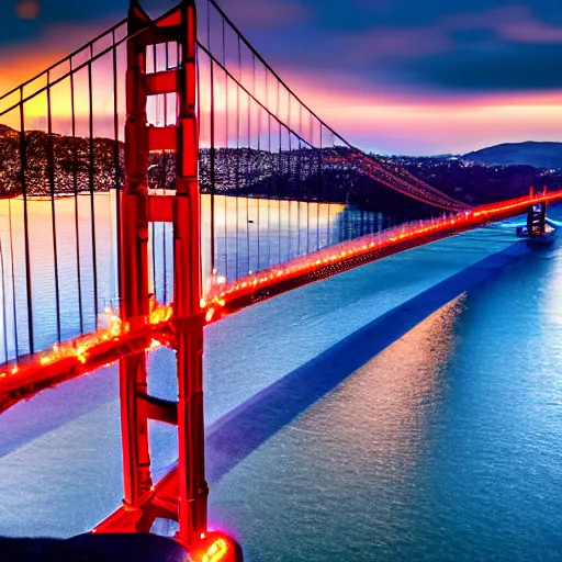 Image similar to a photo of a airplane flying under golden gate bridge at dusk