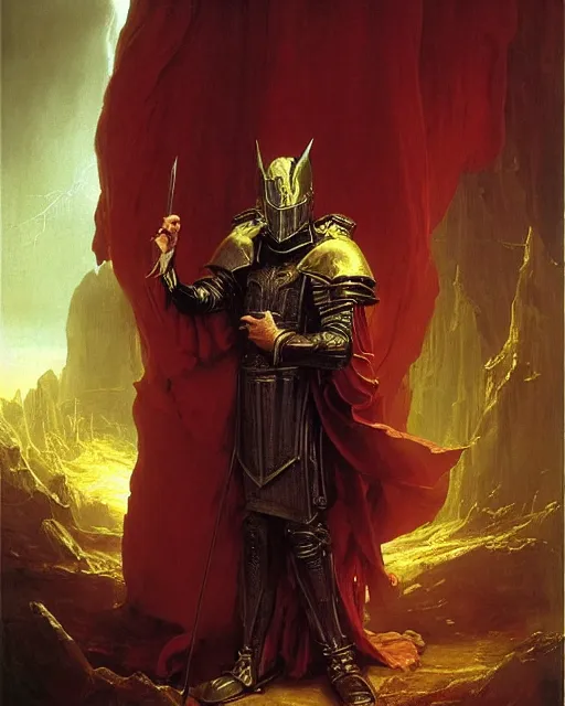 Image similar to A wizard. He has a very menacing expression. he wears robes and armour. Award winning oil painting by Thomas Cole and Wayne Barlowe. Highly detailed