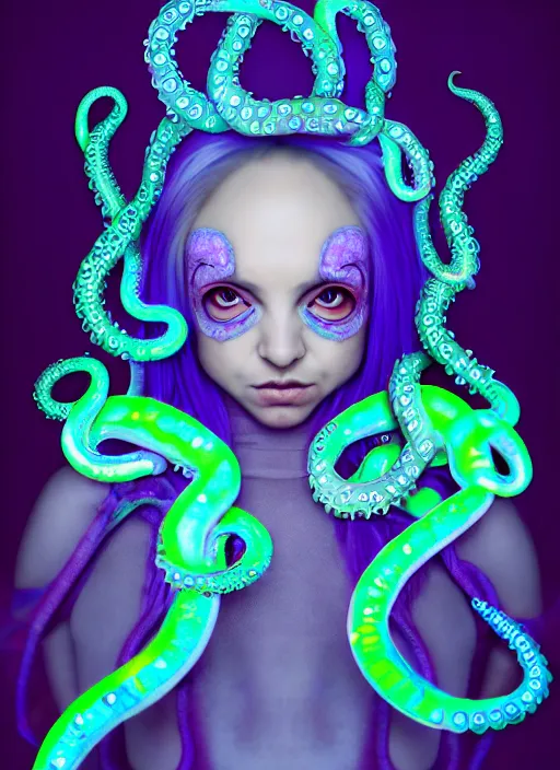 Image similar to A full shot of a cute magical monster girl wearing a dress made of opals and tentacles. Creepy Pasta. F1.4. Symmetrical. Dark Smoke and VFX. Not Human. Subsurface Scattering. Caustics. Prismatic light. defined facial features, symmetrical facial features. Opalescent surface. Soft Lighting. beautiful lighting. By Giger and Ruan Jia and Artgerm and WLOP and William-Adolphe Bouguereau and Loish and Lisa Frank. trending on artstation, featured on pixiv, award winning, sharp, details, intricate details, realistic, Hyper-detailed, HD, HDR, 4K, 8K.