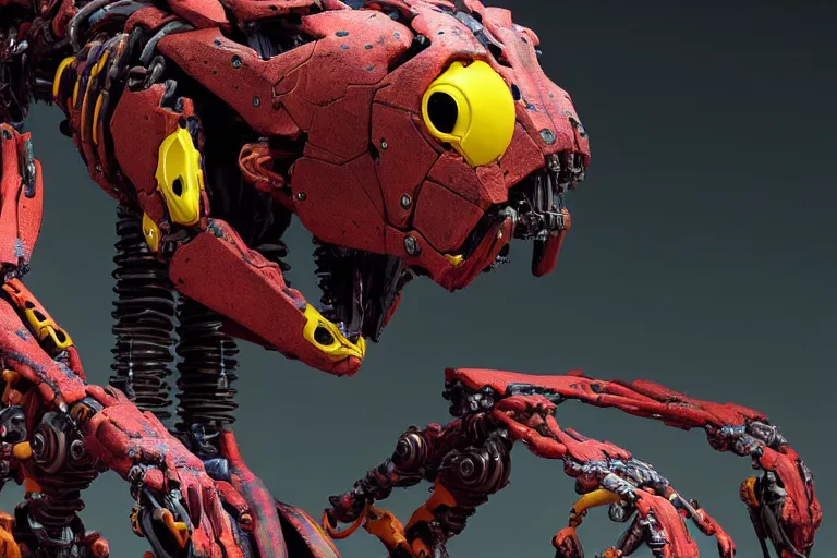 Image similar to portrait of a posed hyper detailed yellow scrounger evangelion realistic mechanical and fleshy organic creature similar look as horizon forbidden west horizon zero dawn bioluminiscence in a dark deep forest at dawn in spring, with reflection and textures, by kilian eng, substance painter reaslitic mech surface metal painted scratches