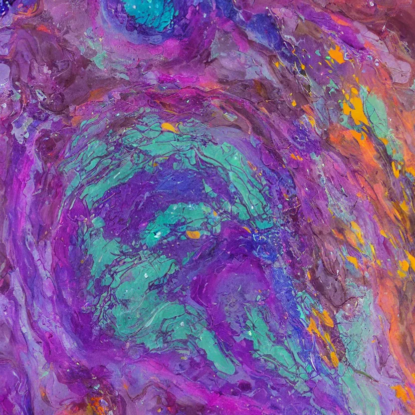 Image similar to abstract multiple layers of purple and blue shades paint dripping and running in multiple circular patterns, oil on canvas, detailed