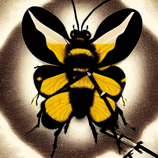 Image similar to a fierce dead bumblebee in the middle of the crosshairs of a gun, fantasy illustration, tarot