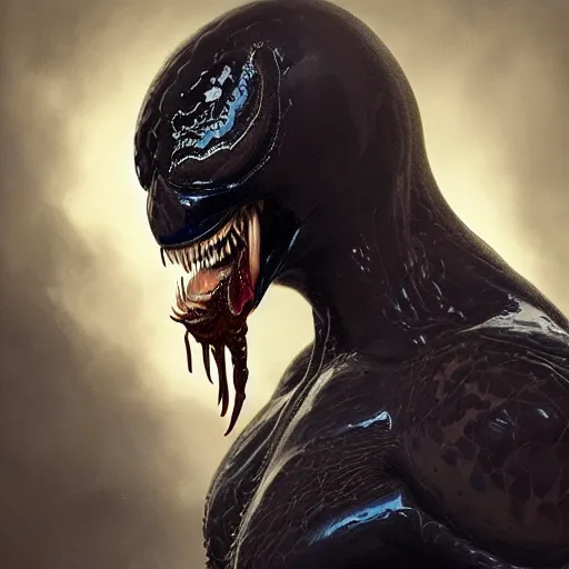 Image similar to portrait of venom, intricate artwork, concept art, octane render, deviantart, cinematic, key art, hyperrealism, iridescent accents, portrait photograph, nikon 3 5 mm, photograph by greg rutkowski